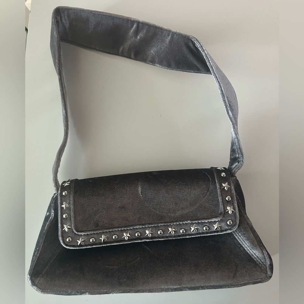 Gray studded suede shoulder bag